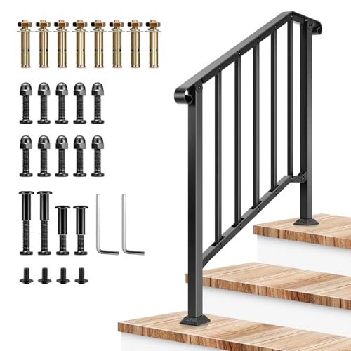 VIVOSUN Outdoor Handrail, 3 Step Stair Handrail, 40' x 36' Fits 1 to 3 Steps, Wrought Mattle Iron Stair Railing with Curved End and Balusters for Concrete Step, Porch Steps, One-Step Assembly, Black