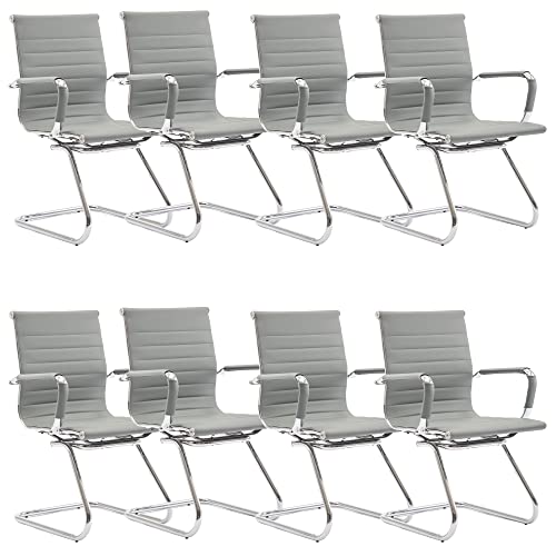 Image of Conference Room Chairs Set of 8, Waiting Room Chairs with Arms, Faux Leather Reception Chairs No Wheels, Office Guest Chairs with Mid Back Support and Chrome Sled Base, Grey