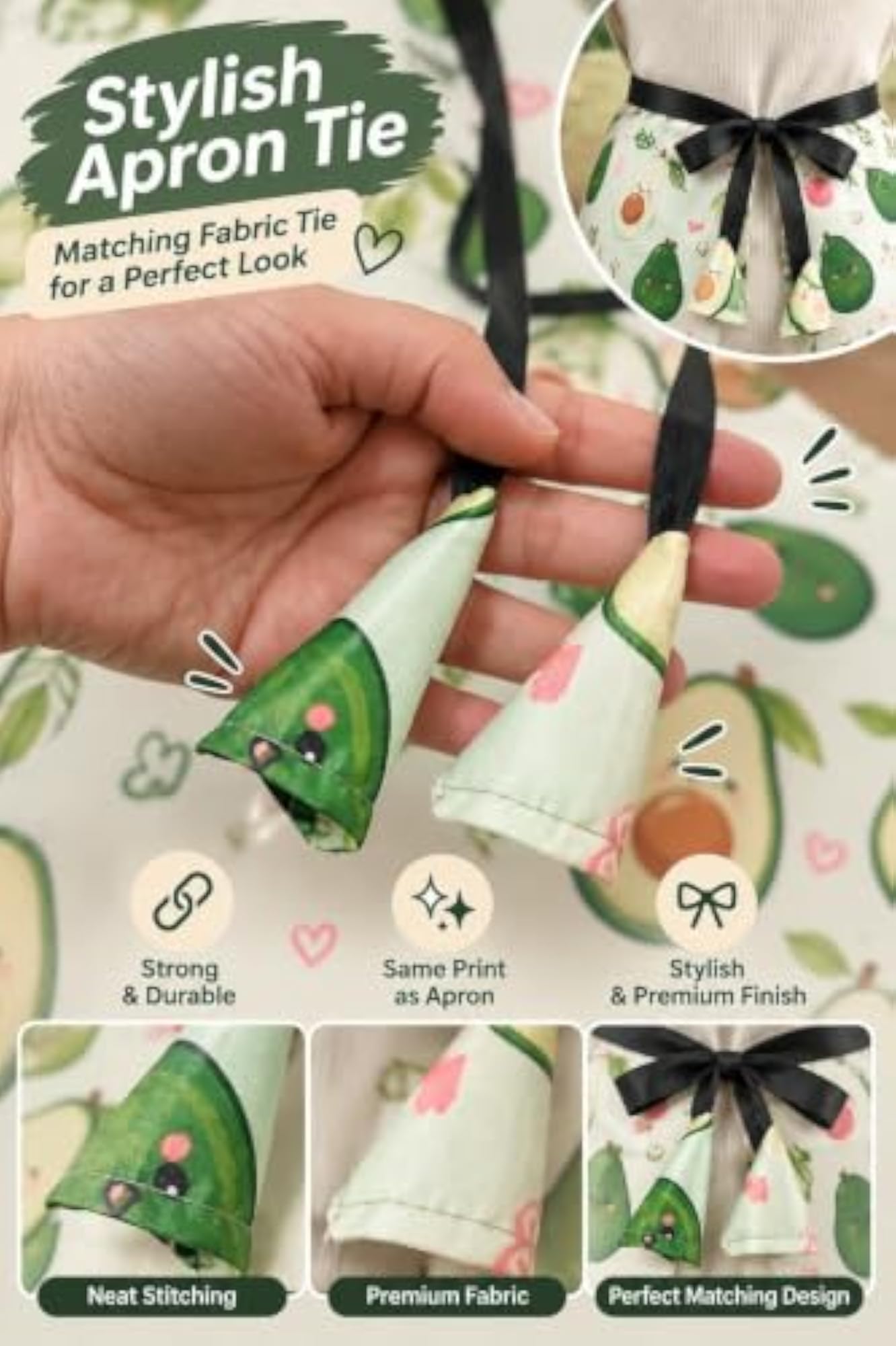 Avocado Print Kitchen Apron for Women with Large Pocket & Bow
