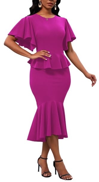 Image of Womens Summer Ruffle Short Sleeve Fishtail Dress Evening Cocktail Formal Peplum Midi Mermaid Dresses Elegant