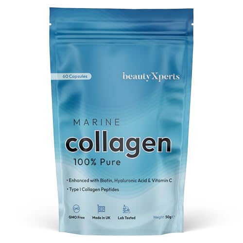 Marine Collagen Capsules | with Biotin, Hyaluronic Acid & Vitamin C | High Strength Pure Collagen Peptides Supplements for Women and Men | 60 Capsules (Not Tablets or Powder)