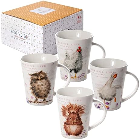 SPOTTED DOG GIFT COMPANY - Porcelain China Mugs Sets of 4 Coffee Cups for Tea and Hot Drinks with Animal Design Owl Squirrel Chicken and Goose, Mug Gift for Women and Men
