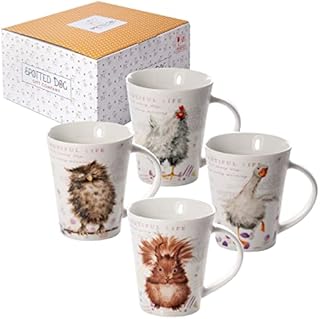 SPOTTED DOG GIFT COMPANY - Porcelain China Mugs Sets of 4 Coffee Cups for Tea and Hot Drinks with Animal Design Owl Squirrel Chicken and Goose, Mug Gift for Women and Men