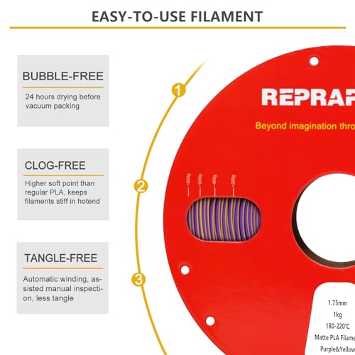 Image of Reprapper Dual Color pla Filament Coextrusion PLA Filament 1.75mm for 3D Printer, Multicolor Like Rainbow, 2.2lbs (1kg), Matte PLA Purple & Yellow