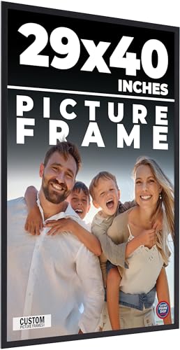 29x40 Frame Black Real Wood Picture Frame Width 0.75 Inches | Interior Frame Depth 0.5 Inches | Noir Classique Mid Century Photo Frame Complete with UV Acrylic, Foam Board Backing & Hanging Hardware