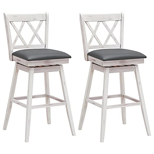COSTWAY Lot de 2 Tabourets de Bar Pivotant à 360 °, avec Coussin Rembourré et Dossier Ergonomique, Style Moderne, 53.5 x 48.5 x 112 cm (L x l x H) pour Bar, Restaurant, Maison (2 x Blanc)