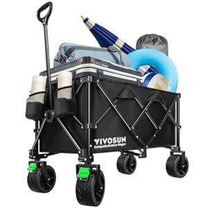 VIVOSUN Collapsible Folding Wagon, Outdoor Utility with Silent All-Terrain Wide Wheels, Adjustable Handle, Cup Holders & Side Pockets, for Camping, Beach, Shopping, Garden, Sports, Picnic, Black