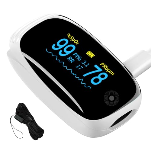 Image of Fingertip Pulse Oximeter with Respiration, OLED Display Rechargeable Oxygen Monitor, Track SpO2 Pulse Rate PI and RR, Fast Accurate Reading Lanyard Included for Home and Outdoor Sports