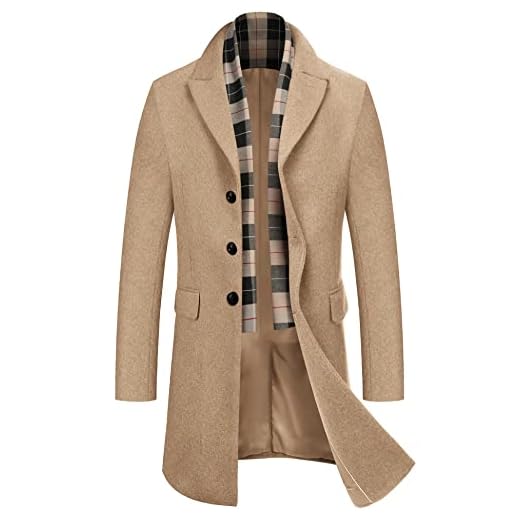 COOFANDY Men's Regular Fit Winter Wool Coat Long Trench Coat Button Closure Overcoat with Removable Scarf (Khaki S)