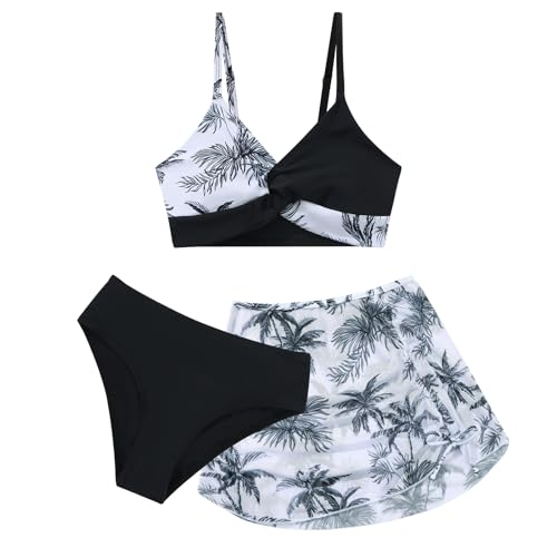 Weixinbuy Girls Swimsuit 3 Piece Tropical Floral Twist Cross Bathing Suit Bikini Sets with Cover Up Skirt Swimwear Size 9-10 Black