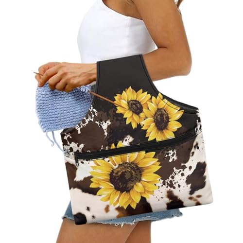 Image of KUIFORTI Sunflower Yarn Storage Bag Organizer Cow Print Crochet Tote Bag Portable Knitting Bags for Women Crochet Bags Large Size