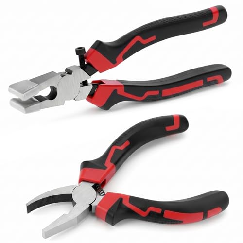 QWORK Glass Running Pliers & Breaker Grozer Pliers Set 2 Pcs Stained Glass Tools with Rubber Tips for Mosaics Key Fob Hardware Installation & Glass Breaking Tasks