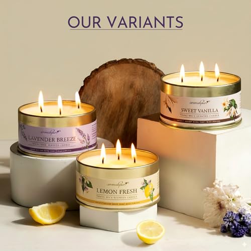 Image of Aromahpure Lavender 3 Wick Candle in Container with Lid | 85g | Burn Time 7 Hours | Scented Candle | Relaxing Aromatherapy Candles for Home Decor, Gifting, Bedroom & Spa