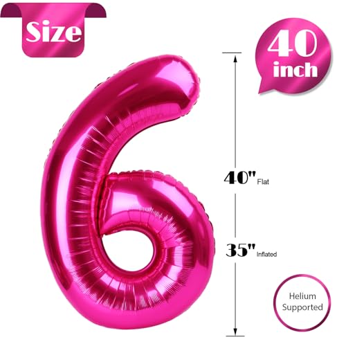 Image of Hot Pink Number 6 Balloon 40 Inch, 6th Birthday Party Decorations, Giant 6 Foil Balloon for Party Supplies