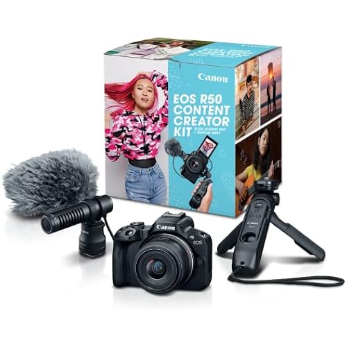 Canon EOS R50 Content Creator Kit, Hybrid Mirrorless Camera with RF-S18-45mm F4.5-6.3 IS STM Lens, Tripod Grip, Microphone, Wireless Remote Control, 24.2 MP CMOS (APS-C) Sensor, Vlogging Camera, Black