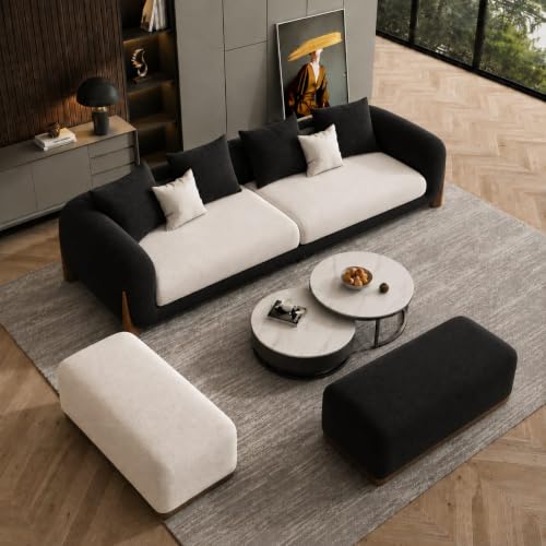 Image of Modern Boucle Sofa for Living Room Bedroom Reception and Office Wooden Polished Leg Sofa for Living Room (Black & Off White, 3 Seater +Ottoman Set)