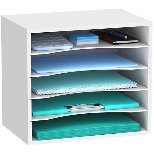 SHARKWOODS 5-Tier Wood Desk Organizer, Paper Sorter for Desktop with Adjustable Storage Shelves, Desktop Mail Holder for Office Home Classroom, White