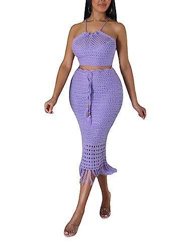 Image of Women Plus Two-Piece Skirt Set Tassel Fishing Net Knittin Hollow Out Off Shoulder Beach Dresses Swimsuit Cover Ups