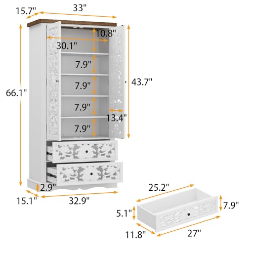 Image of 66.1 inch Tall Storage Display Cabinet, Handmade Hollow Carved Cabinet, Vintage Accent Storage Sideboard with 2 Drawers & 5-Tier Shelves for Living Room, White