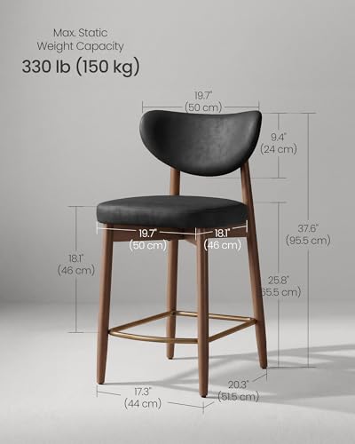 Image of VASAGLE Wooden Bar Stools Set of 4, Upholstered Counter Height Barstools with Solid Wood Legs, Ergonomic Backrest, Mid Century Modern, for Kitchen Island, Synthetic Leather, Ink Black