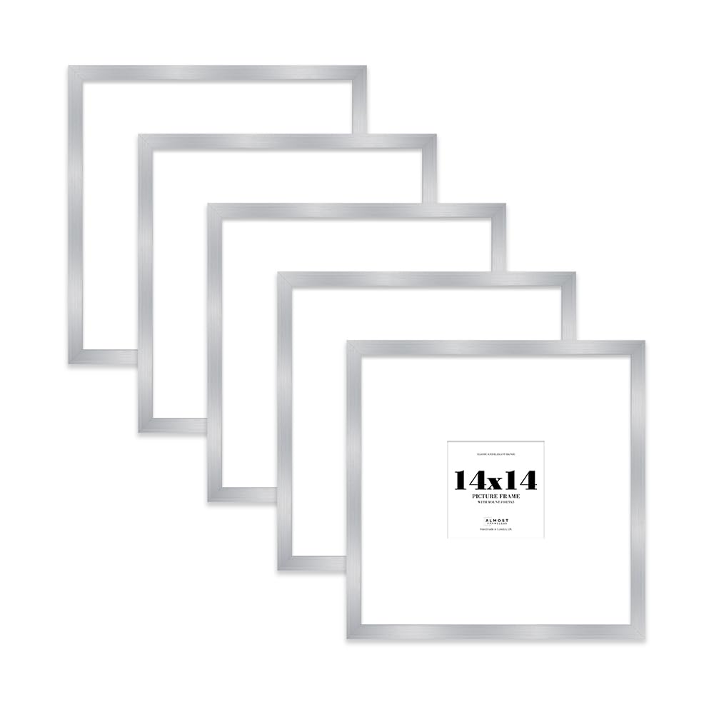 14x14 Silver Picture Frame with Large Mount for 5x5 Photos, Prints - Modern Square Wall Frame, Set of 5