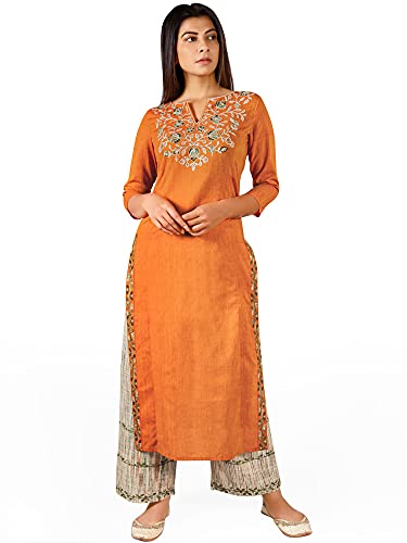 Image of d'WiU 100% Khadi Cotton Fabric Long Princess Line Long Kurta /Kurta Set /Suit with Embroidered Palazzo Pant for Women's & Girls,-01 Piece-Sleeves : 3 /4 th sleeves