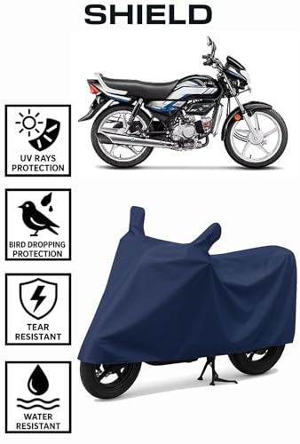 Image of Shield Heavy Duty Bike Cover for Hero HF Deluixe | All-Season, Tear-Proof Fabric | with Side Mirror Pocket & Buckle Belt | Hero HF Deluixe Bike Cover