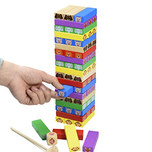 GYBBER&MUMU 60 Pieces Colorful Animal Patterns Wooden Blocks Stacking Board Games with 1 Wood Hammer &1 Dice (60PCS_Colorful) - Thumbnail 2