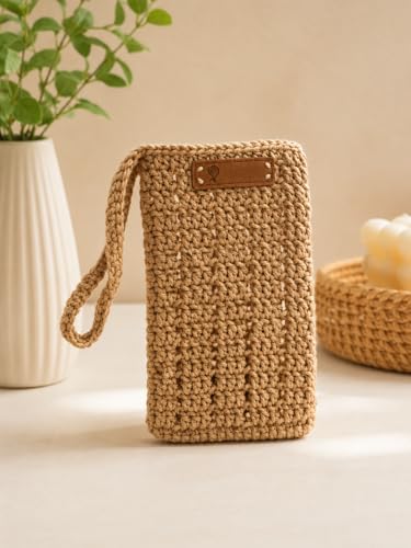 Image of Handmade Crochet Mobile Pouch for Women & Girls | Knitted Phone Holder with Wrist Strap | Cute Floral Aesthetic Mobile Cover Case | Soft Yarn Handmade Gift (Beige)