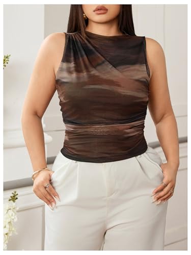 MakeMeChic Women's Plus Size Mock Neck Tank Tops Tie Dye Sleeveless Ruched Summer Shirt3