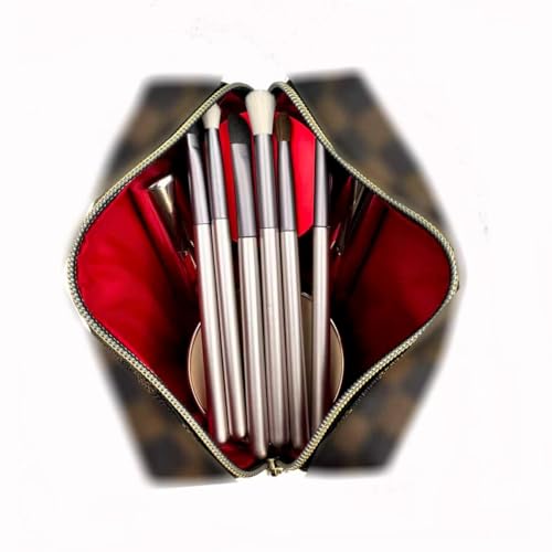 Brown Checkered Makeup Bag Set