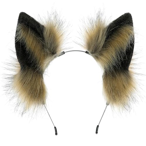 dressfan Wolfsohren Haarreif Plüsch Hund Wolf Kostüm Verkleidung, Damen & Herren Party Wolf Stirnband Wolfskostüm Zubehör zu Karneval & Fasching & Halloween, chwarz + Braun