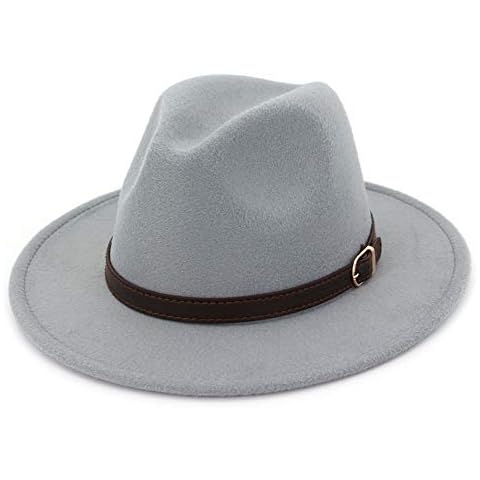 Lisianthus Men & Women Fedora Hat - Belt Buckle Wide Brim Panama Hat, Light Grey, L Cover