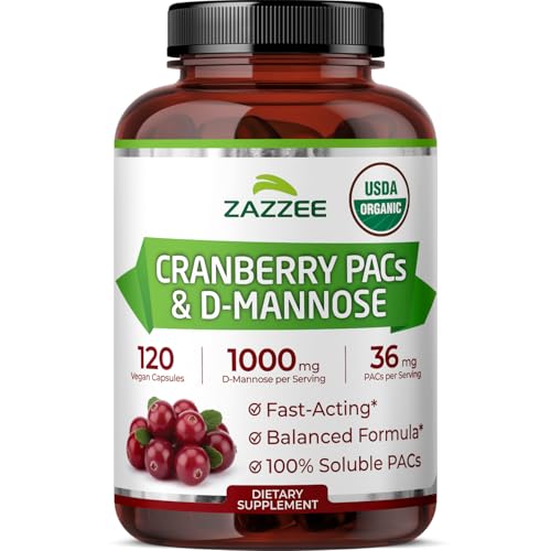 Zazzee USDA Organic Cranberry PACs & D-Mannose 36 mg PACs per Serving 1000 mg D-Mannose per Serving 120 Vegan Capsules 2 Month Supply Urinary Tract & Bladder Support Non-GMO Made in the USA