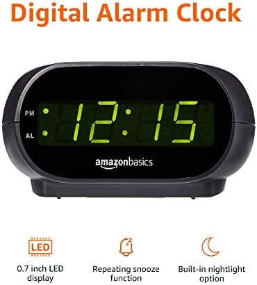 Amazon Basics Small Digital Oval Alarm Clock with LED Display, Nightlight, Snooze Function & Battery Backup, Black, 4.5 x 3.5 x 2.4 Inches - 1