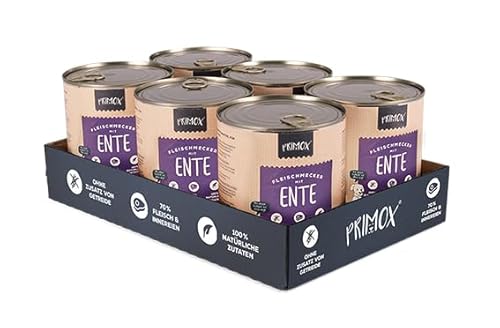 PRIMOX® Fleischmecker Hunde-Nassfutter | Getreidefrei | 70% Fleisch & Innereien | Made in Germany & 100% Natürlich | Omega-3 für Haut & Fell | Gluten- & Laktosefrei (Ente, 6x800 g)