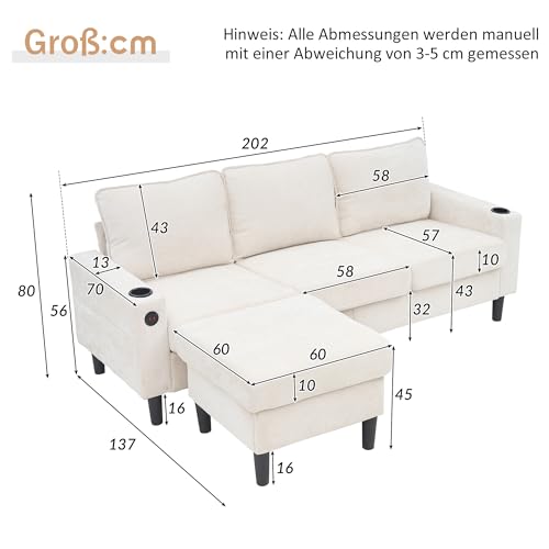 Merax Ecksofa 3-Sitzer Sofa mit Polsterhocker, Gepolstertes Sofa mit USB & Typ-C, 2 Getränkehaltern, L-förmiges Schlafsofa, Polstermöbel für Wohnzimmer, Wohnung, Lounge und Schlafzimmer, Beige