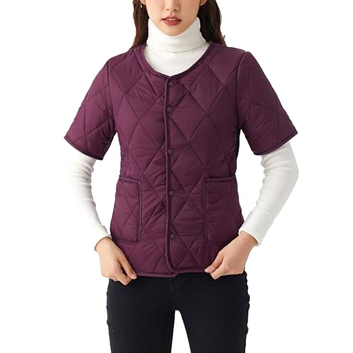 Women's Fleece Lined Puffer Jacket Short Sleeve Snap Button Down Coats with Pocket Warm Diamond Quilted Jacket