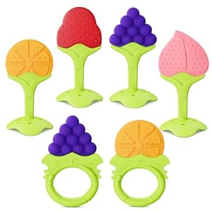6 Pack Baby Teething Toys for Newborn Infant, BPA Free Freezer Safe Silicone Fruit Baby Teethers Soothe Babies Gums Set for Babies 0-6 Months 6-12 Months