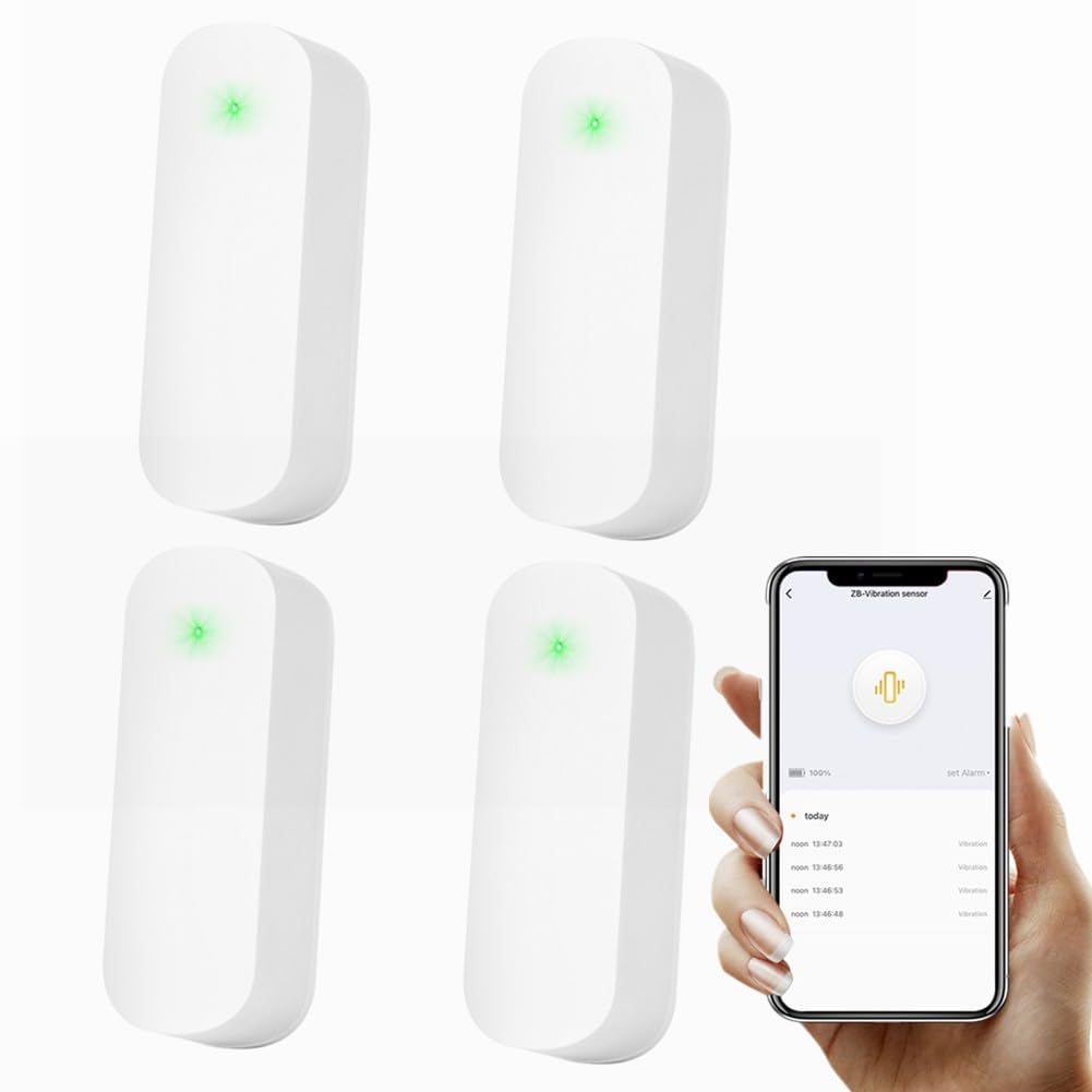 QOXEZY para Tuya Sensor de vibración Inteligente para Puerta, Control de aplicación, de Alarma de Seguridad para el hogar, Alarma antirrobo, Dispositivos Inteligentes para el hogar (4 Piezas)