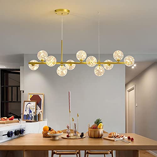 Plafonnier LED salon moderne or avec 7 globes en verre suspendus