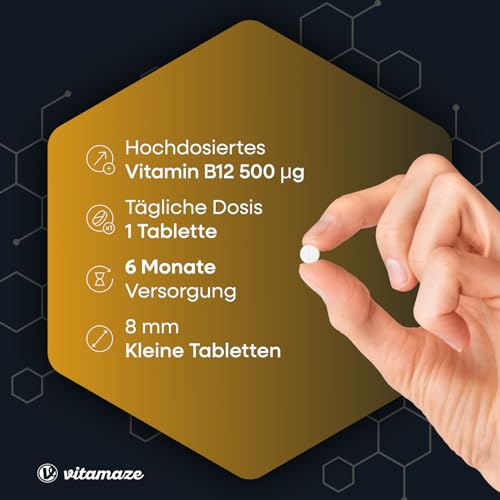 Vitamin B12 hochdosiert und vegan, Methylcobalamin, 500 mcg 180 Tabletten für 6 Monate Dauerversorgung, Natürliche Nahrungsergänzung ohne Zusatzstoffe, Made in Germany