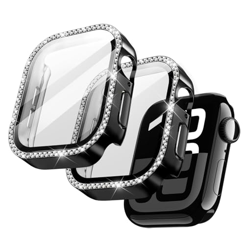 JETech Cover Bling Diamante con Pellicola Protettiva per Apple Watch Series 11/10 42mm, Custodia Protettivo Complessiva, Vetro Temperato Film Incorporato Alta Sensibilità, 2 Pezzi (Nero)