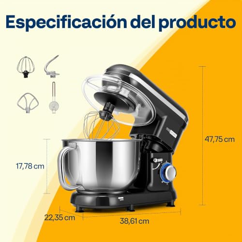 Miniatura 7 de Vivohome Batidora Amasadora 10 Velocidades 1500w 5,7l Para Repostería Profesional, Amasadora De Pan Varillas Multifunción Bol De Acero Inoxidable, Negro