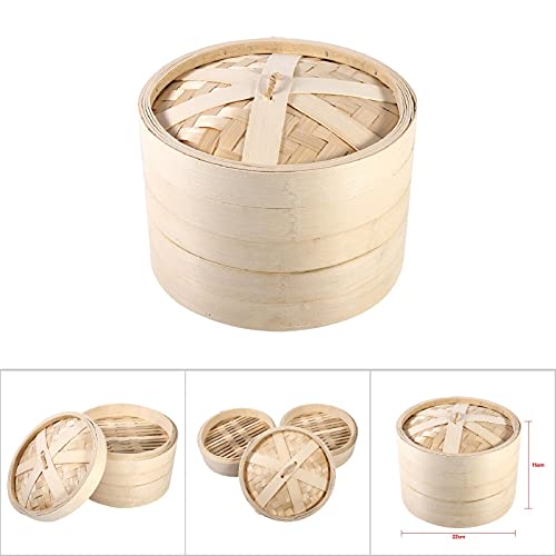 RASTKY Cestello per Cottura a Vapore in bambù a 2 Livelli, Fornello Cinese per Riso Naturale, Vaporiera per Alimenti, Dim Sum, Sana per la Domestica (22 cm)
