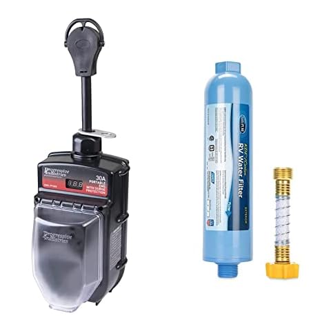 Progressive Industries RV Surge Protector 30 Amp with Electrical Management System, Portable, EMS-PT30X & Camco TastePURE RV/Marine Water Filter | Features Flexible Hose Protector(40043) Cover