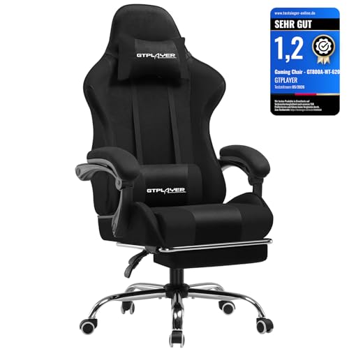 GTPLAYER Gaming Stuhl Stoff, Bürostuhl Massage Gaming Sessel Ergonomischer Gamer Stuhl mit Fußstütze, Gepolstert Gaming Chair, Drehsessel 150KG, schwarz