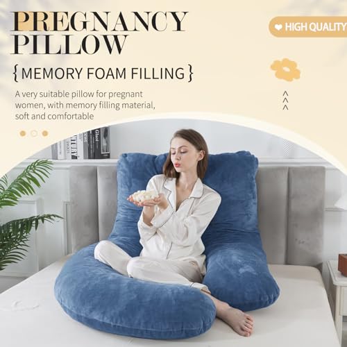 Image of WhatsBedding Pregnancy Pillows for Sleeping, J Shaped Full Body Maternity Pillow for Adults, Memory Foam Filling Support for Back, Legs, Belly, HIPS for Pregnant Women (Blue)