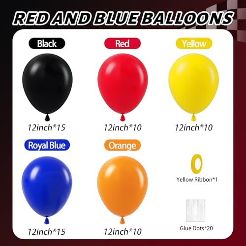 Image of 60pcs Race Car Balloons 12inch with Black Royal Blue Yellow Red Orange Latex Balloons for Race Car Two Fast Baby Shower Birthday Party Decorations