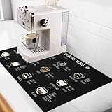 Matace Designer Coffee Bar Mat, Small 12 x 19 Inches, Rubber Backing, Absorbent Coffee Maker Mats for Dish Drying, Kitchen Countertop, Heat Resistant, Coffee Flavor Menu, Black